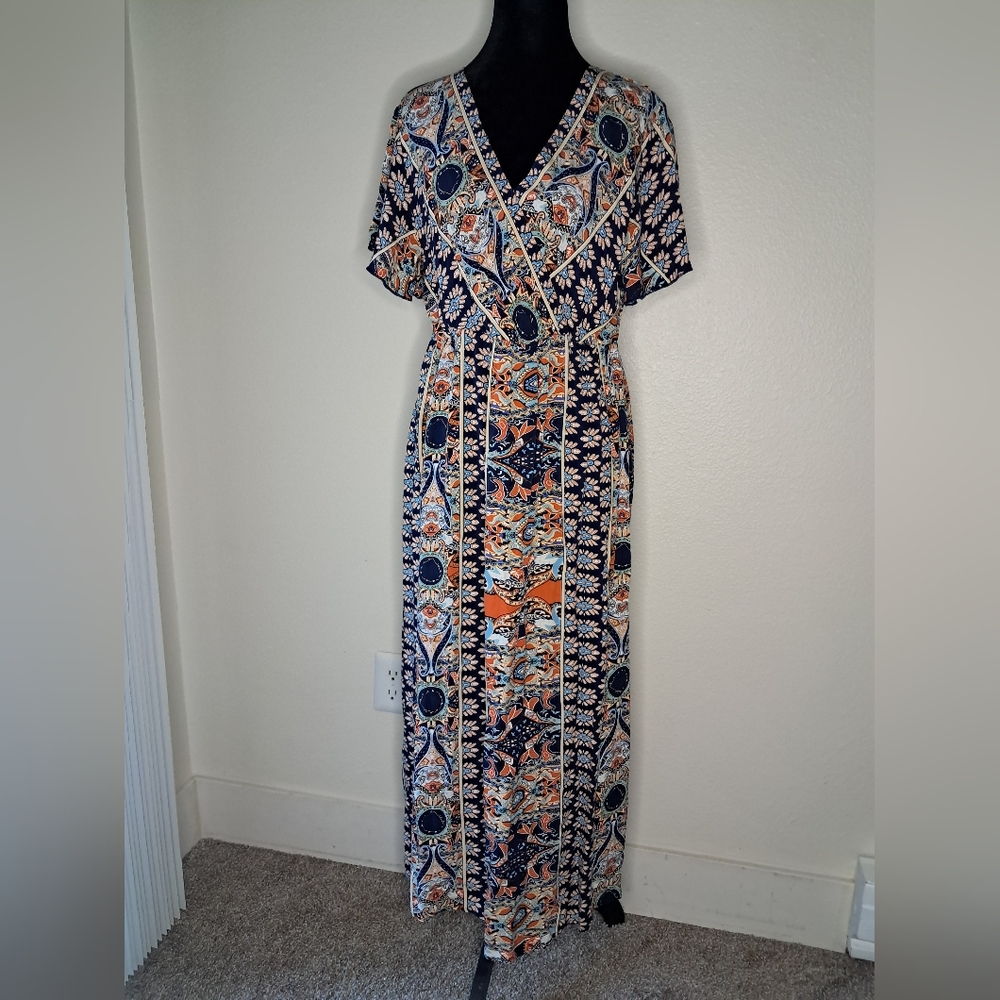 Orange and Blue Tiered Midi Sundress with Tie Front